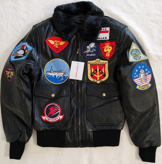 Bomber in vera pelle con zip uomo con toppe e collo (Taglie: large)