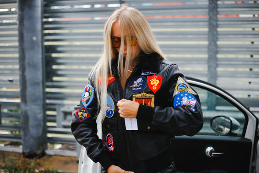 Bomber in vera pelle con zip uomo con toppe e collo (Taglie: Medium)