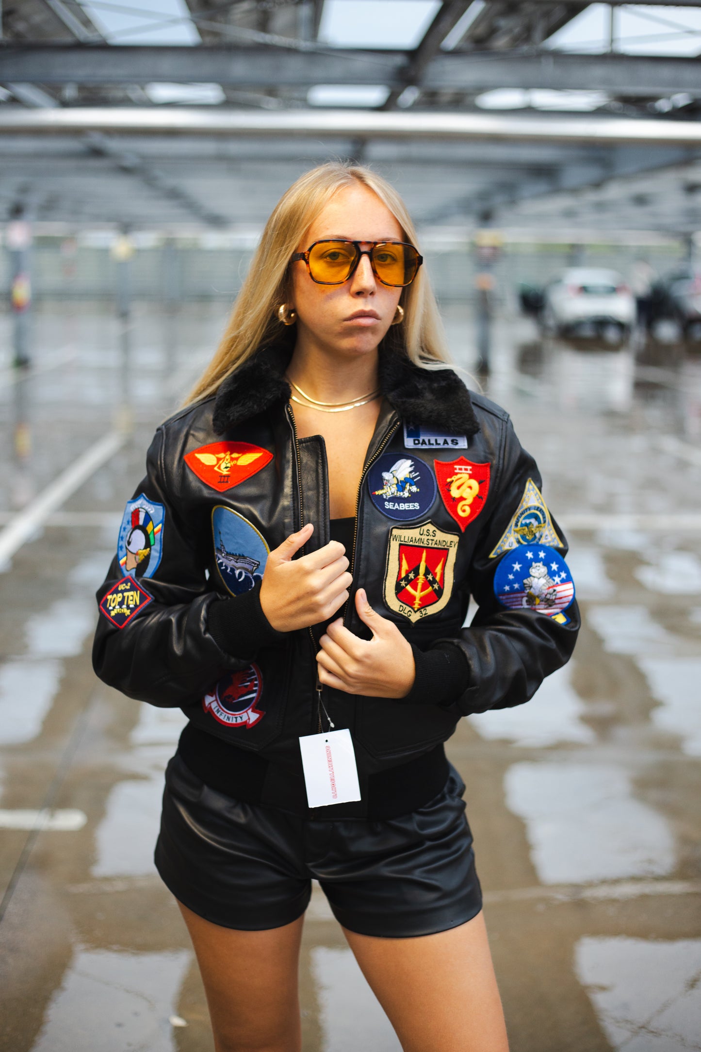 Bomber in vera pelle con zip uomo con toppe e collo (Taglie: Medium)