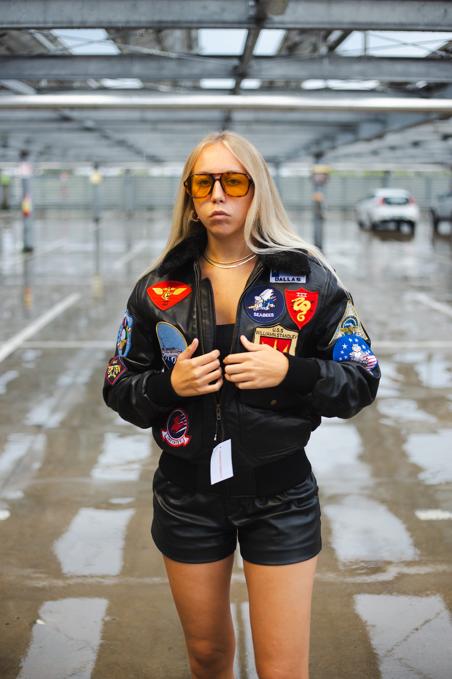 Bomber in vera pelle con zip uomo con toppe e collo (Taglie: Medium)