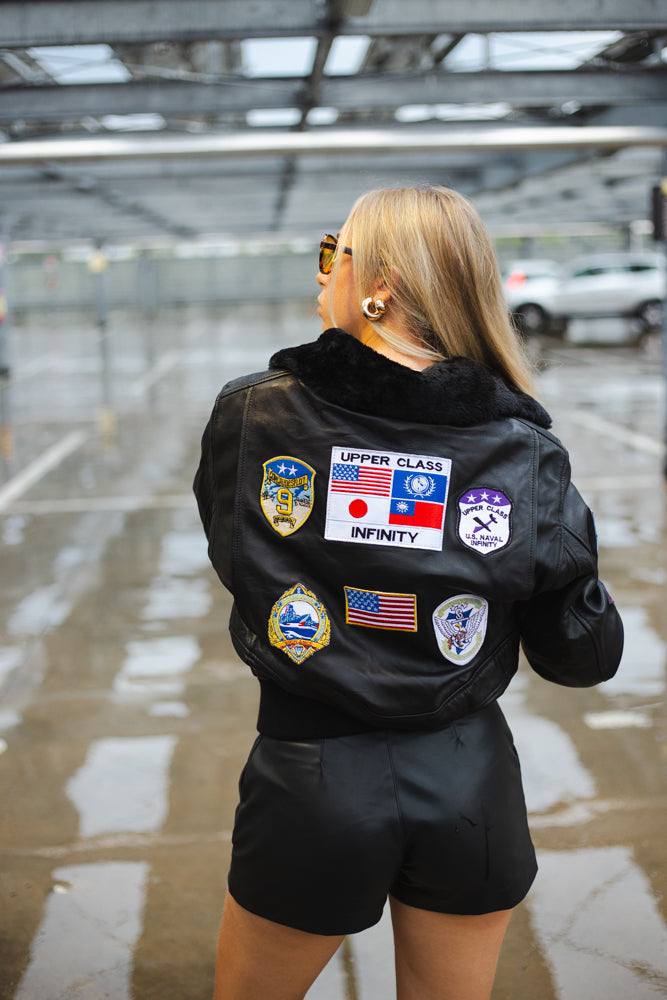 Bomber in vera pelle con zip uomo con toppe e collo (Taglie: Medium)