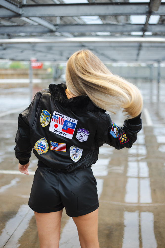 Bomber in vera pelle con zip uomo con toppe e collo (Taglie: Medium)