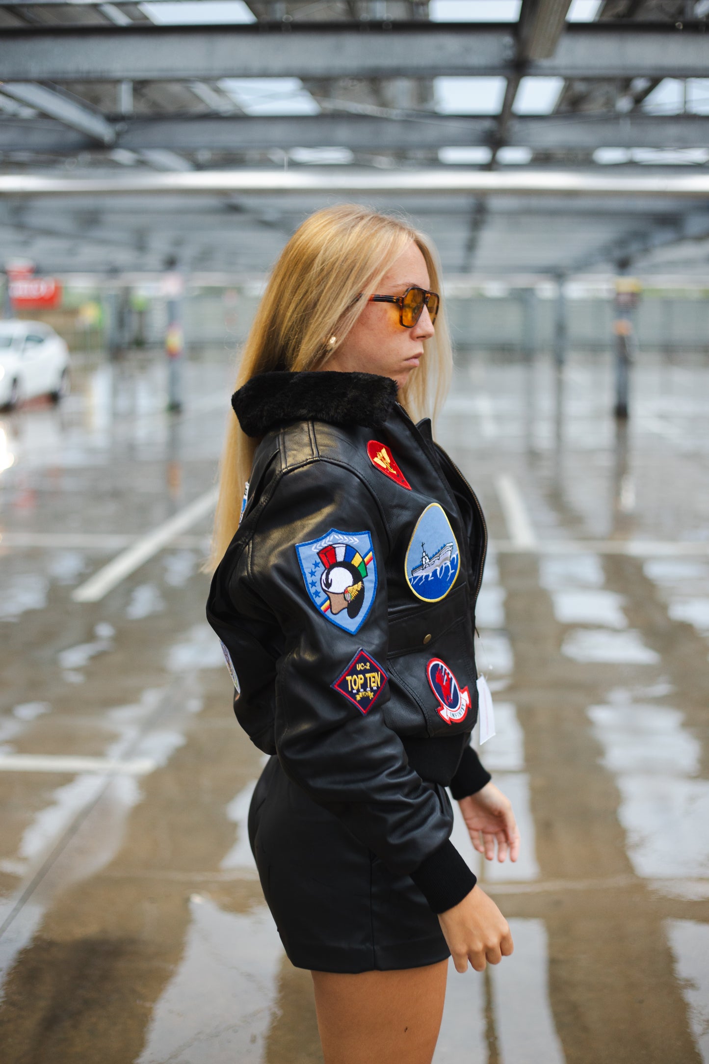 Bomber in vera pelle con zip uomo con toppe e collo (Taglie: Medium)